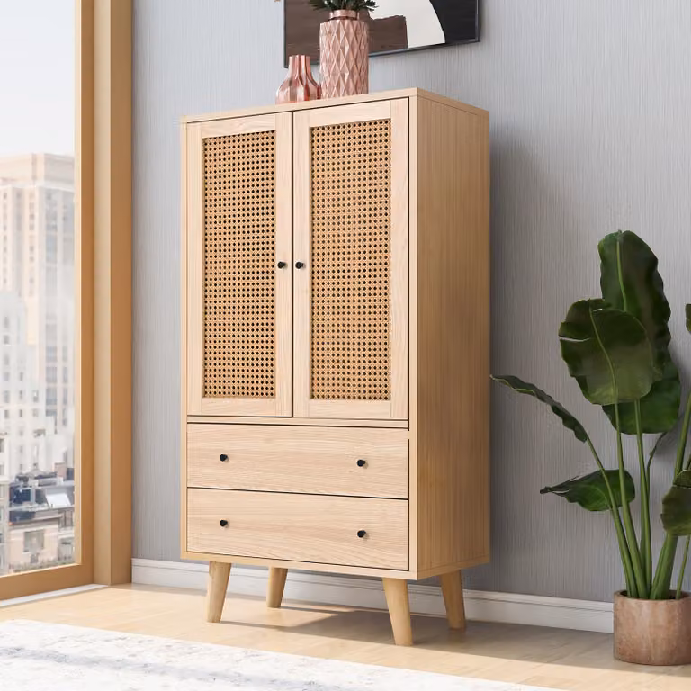 Cassettiera Merax con 2 ante in vimini rattan e 2 cassetti, credenza in legno, 60x40x120cm, rovere