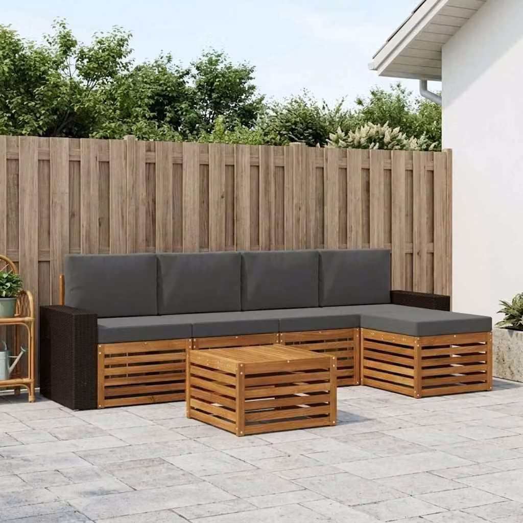 Set di divani da esterno vidaXL a forma di L in legno di acacia con pouf e tavolino, 6 pezzi, Beige e Antracite
