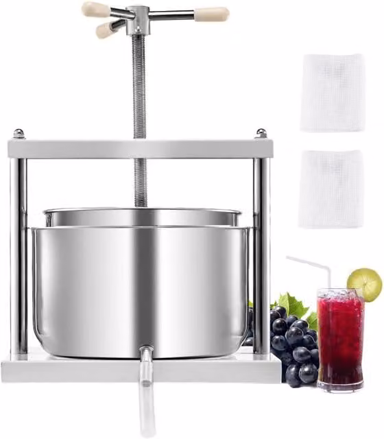 Pressa Manuale per Vino di Frutta Cesto in Acciaio Inox 12L con Manico, Spremiagrumi Manuale per Bevande Alcoliche Pressa per Sidro, Mela, Uva, Tintur