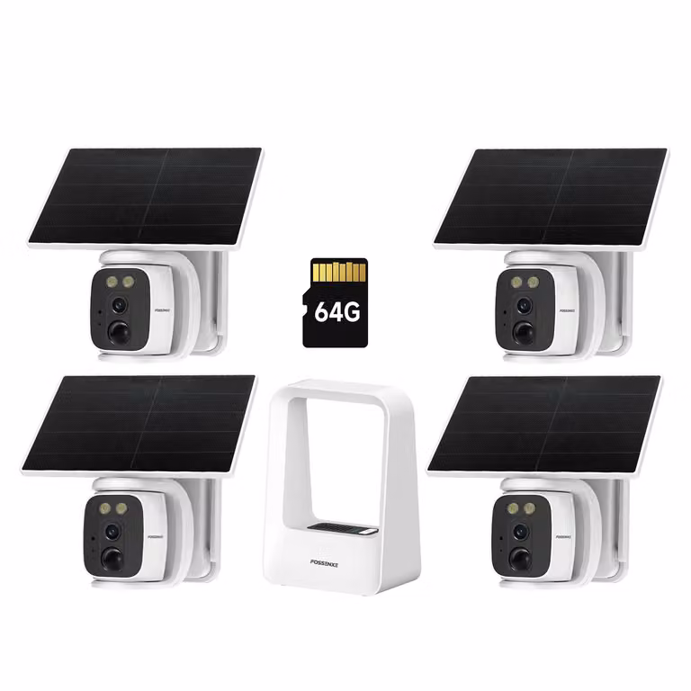 Kit di videosorveglianza solare FOSSENXE da 4 telecamere da 4MP con Wi-Fi e base stazione – 64GB di memoria locale, rotazione orizzontale e verticale (PTZ) con tracciamento automatico, visione notturna a colori, Wi-Fi 5G/2.4G