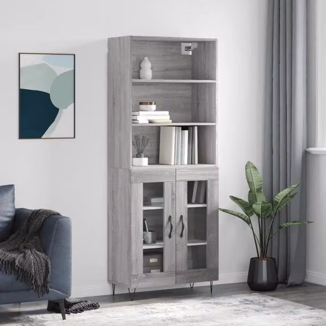 Credenza Buffet Armadio da Cucina Design Mania Grigio con Ante in Vetro e Ripiani Interni L: 69,5 cm, P: 34 cm, H: 180 cm