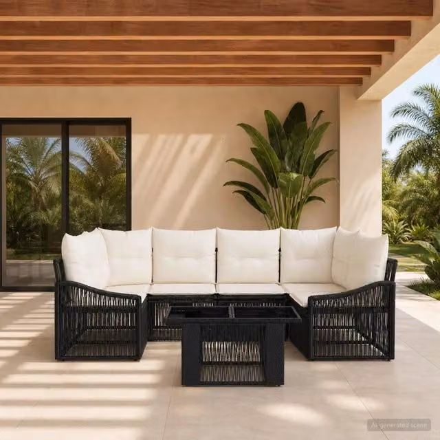 Set Divano da Giardino 7 pz Nero e Bianco Crema polyrattan 3437209