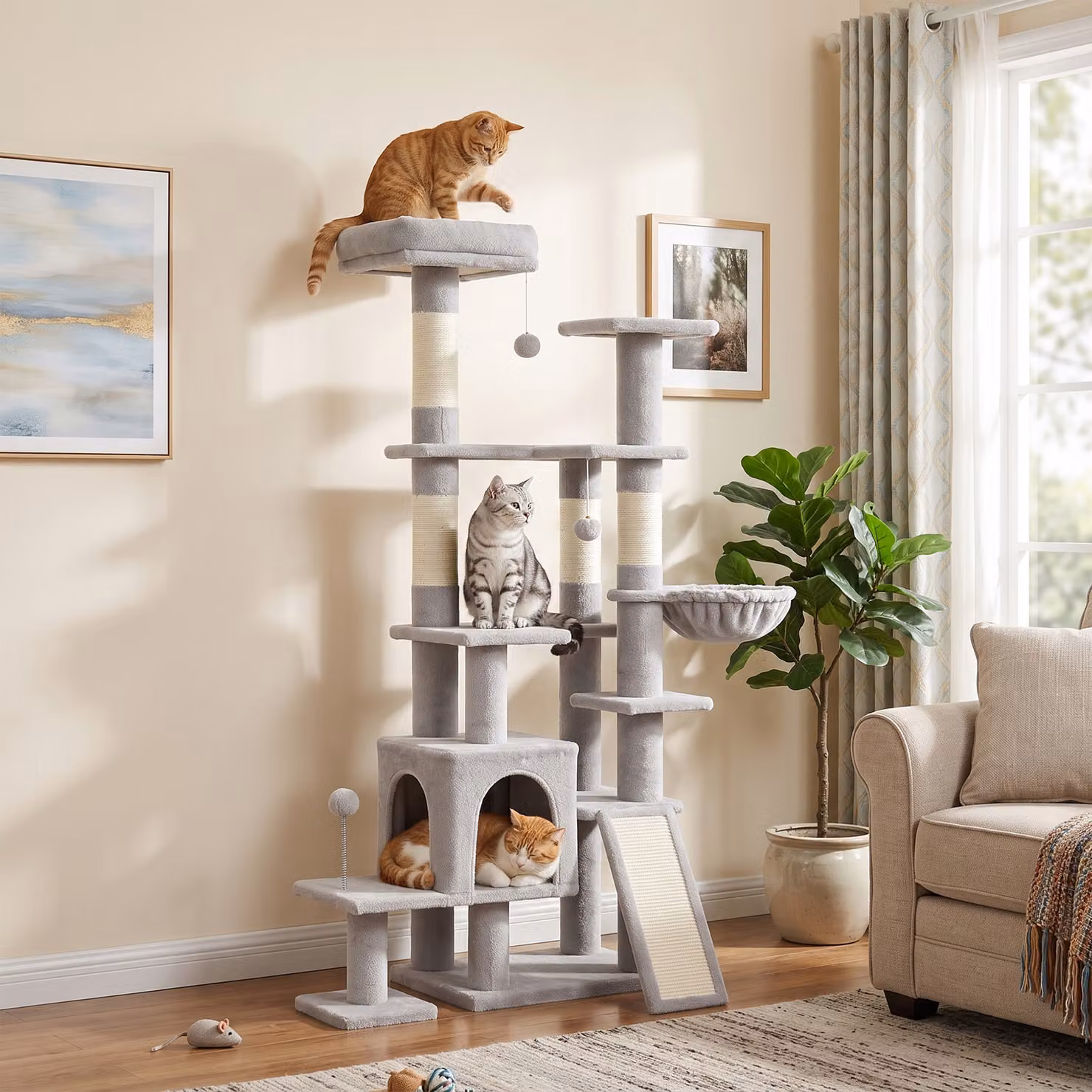 Albero Tiragraffi Multilivello PawHut per Gatti con 4 Pali, Amaca e Cave, Grigio Chiaro, Altezza: 152 cm – 2