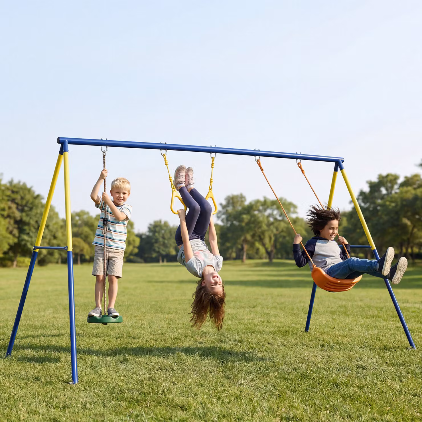 Set Altalena da Giardino 3 in 1 AIYAPLAY per Giochi da Esterno, Verde e Multicolore, L: 285 cm, P: 160 cm, H: 181 cm – 2