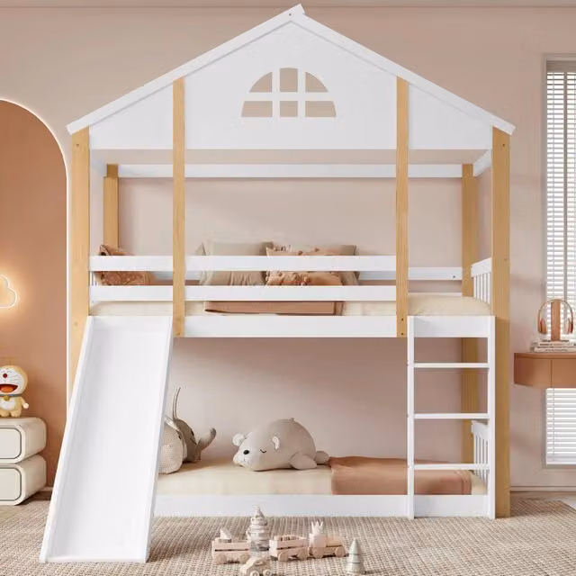 Letto a castello per bambini 90x200 cm in legno con finestra; scivolo; scala a 3 gradini e protezione anticaduta