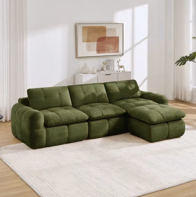 Divano modulare in ciniglia verde 264x160x68 cm