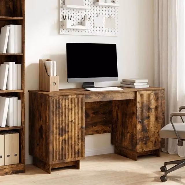 Scrivania moderna vidaXL in legno color rovere marrone L: 142,5 cm, P: 50 cm, H: 75 cm – 1