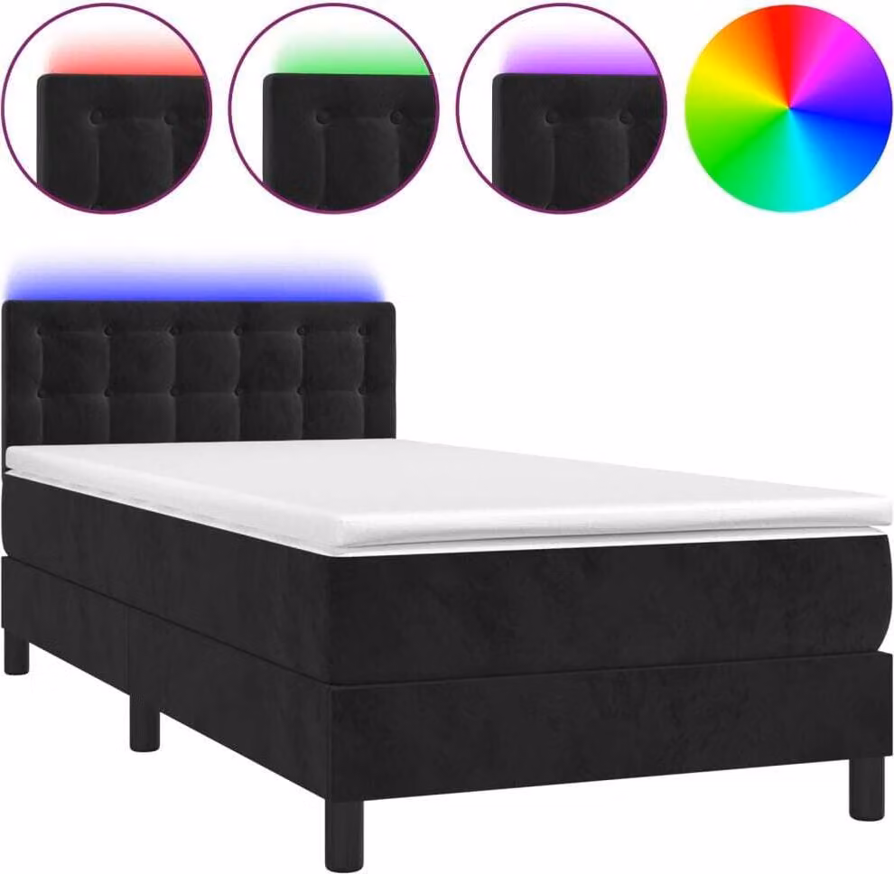 Letto a Molle con Materasso e LED Nero 90x190 cm in Velluto