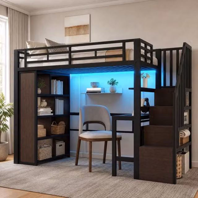Letto a soppalco 90x200 cm con scrivania; ripiani; scala contenitore e LED; nero