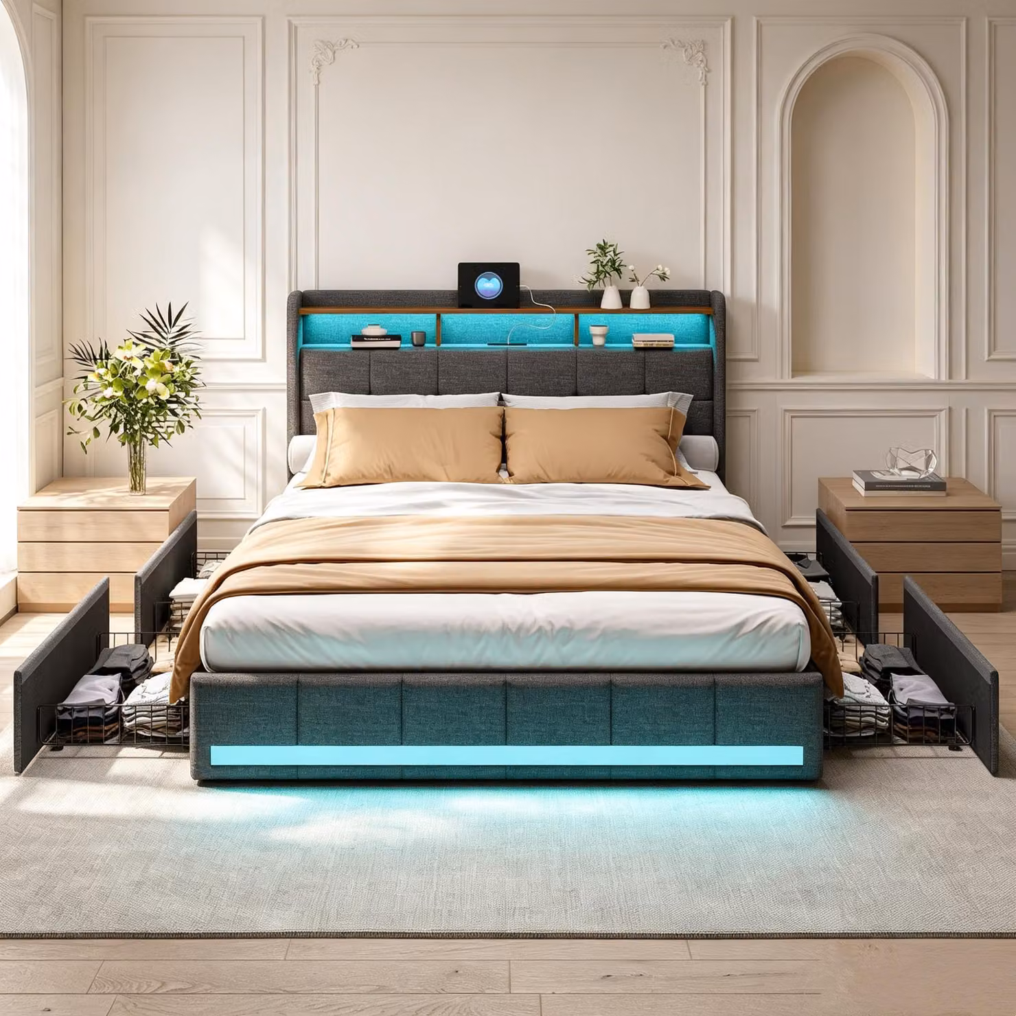 Letto imbottito INONEFT, 160x200 cm, con funzione di ricarica USB, letto per ragazzi/matrimoniale con 4 cassetti, letto contenitore con rete a doghe e illuminazione LED, tessuto in lino, colore grigio