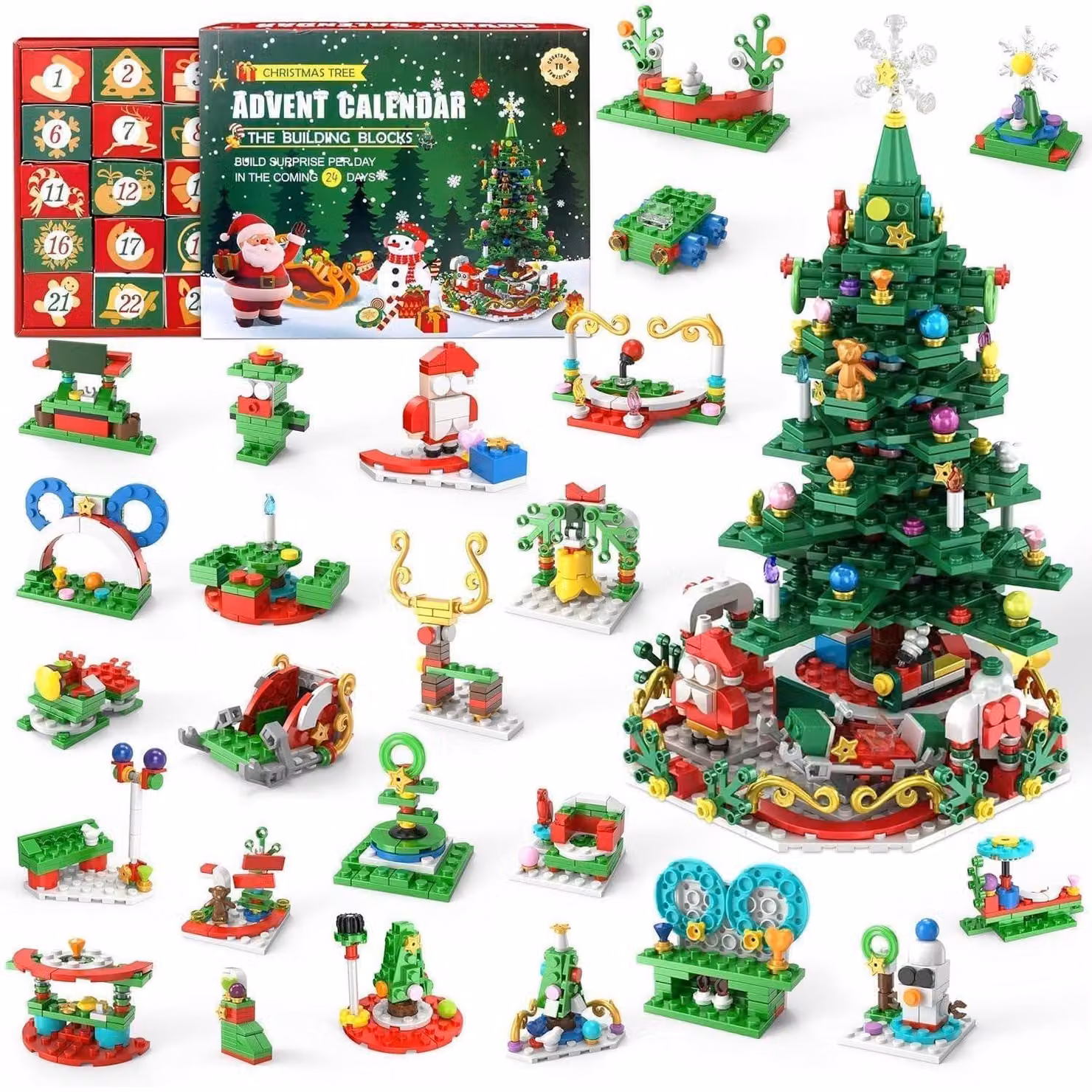 Calendario dell'Avvento 2026: conto alla rovescia per il Natale. 24 giorni, 701 pezzi. Albero di Natale componibile 24-in-1. Blocchi da costruzione, giocattolo per bambini, decorazione
