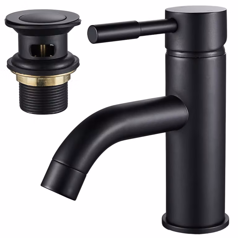 Miscelatore monocomando nero per lavabo, con tappo a scomparsa e realizzato in ottone