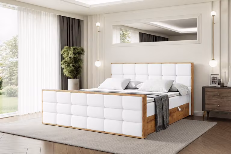 Letto boxspring ALTDECOR con materasso e rete a doghe, coprimaterasso, pediera, letto imbottito con contenitore, letto con vano portaoggetti e materasso H4, letto matrimoniale, letto a cassettoni - LOLLI2-Z - 200x200 - Pelle finta bianca