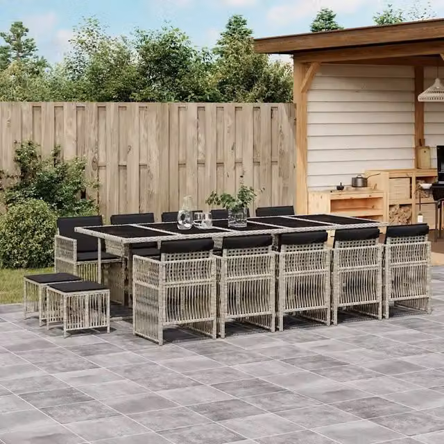 Set da pranzo da giardino vidaXL in polyrattan con cuscini e tavolo in vetro, 15 pezzi, Grigio Antracite