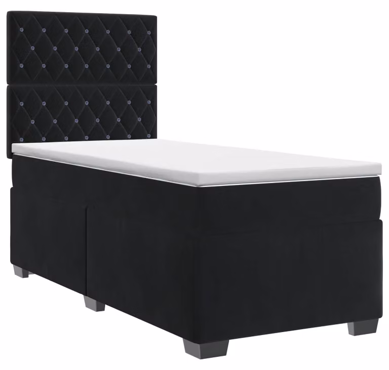 Letto con rete a molle e materasso, colore nero, dimensioni 90 x 190 cm, rivestito in velluto