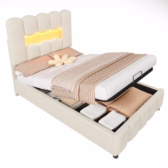 Letto contenitore singolo in velluto beige con illuminazione LED e testiera regolabile L/P/H: 203 x 90 x 109 cm