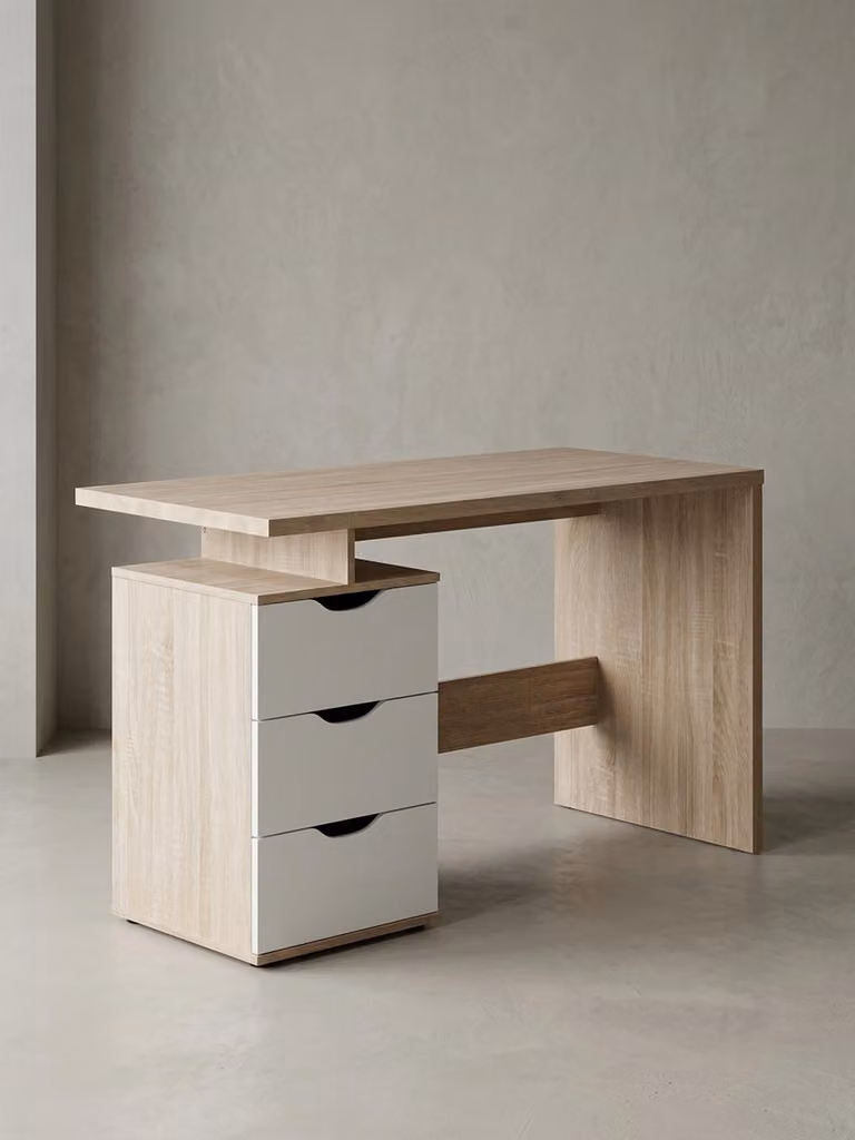 scrivania "Karin" in bianco Sonoma, Elegante scrivania per computer con 3 cassetti. 120x53x76 cm | Kadima Design
