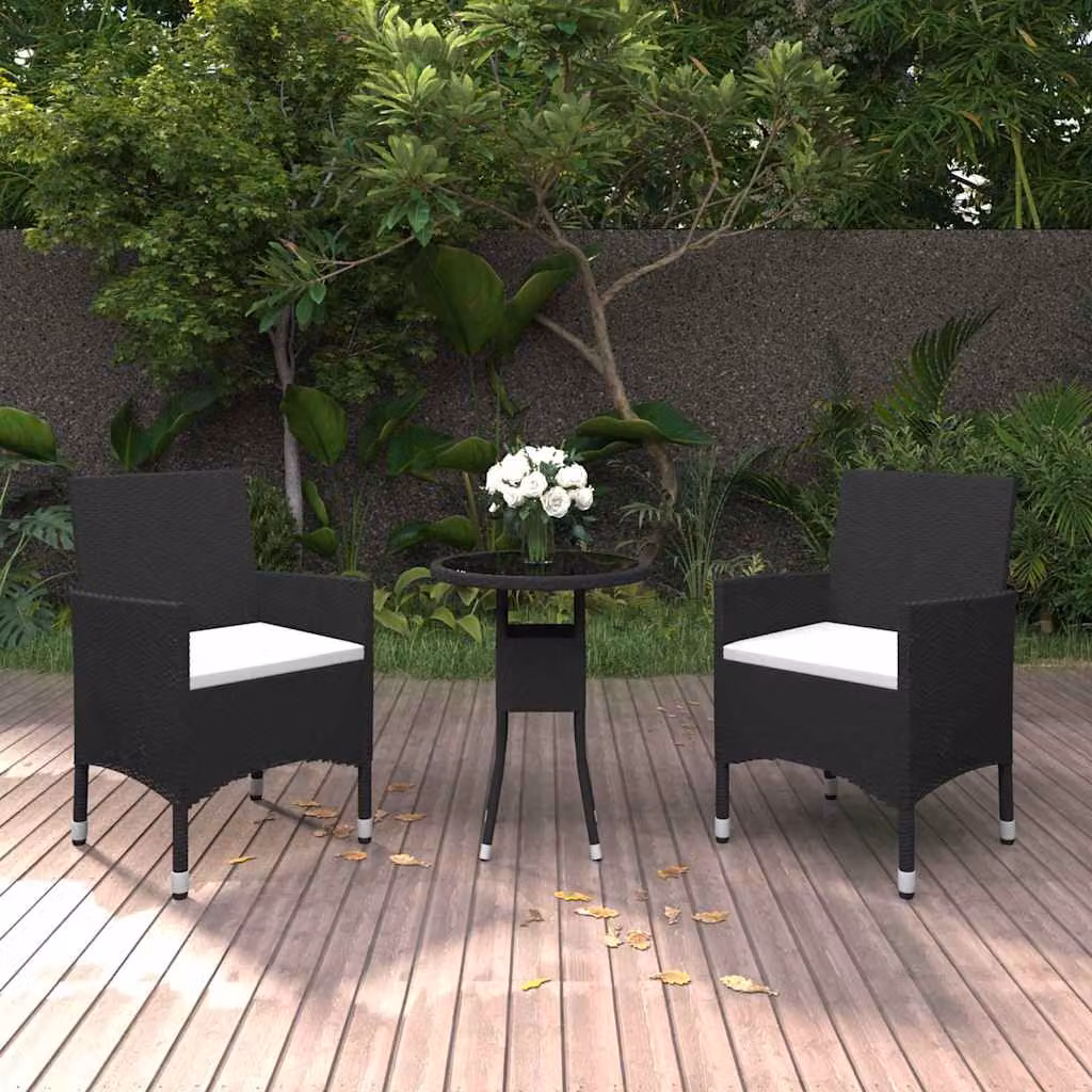 Set da pranzo per giardino e terrazzo vidaXL in polyrattan nero con piano in vetro e 3 pezzi – 1