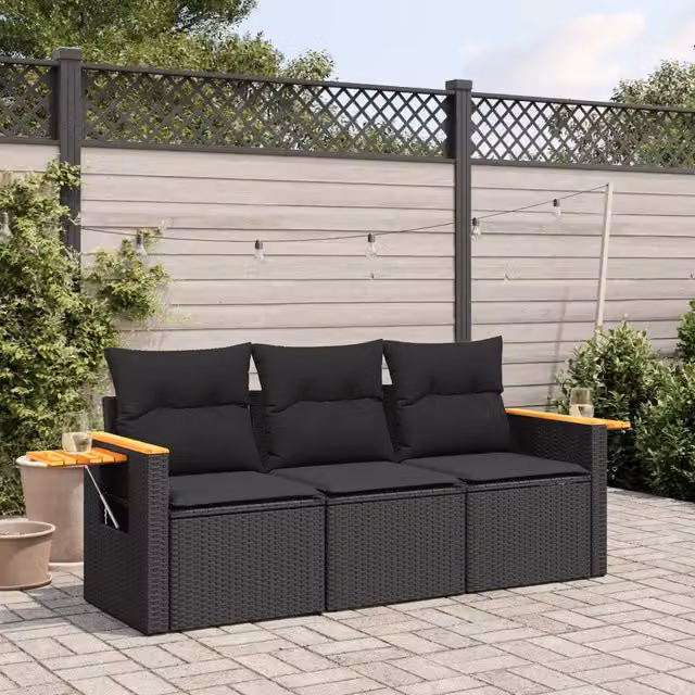 Set Divani da Giardino 3 pz con Cuscini in Polyrattan Nero 3258996