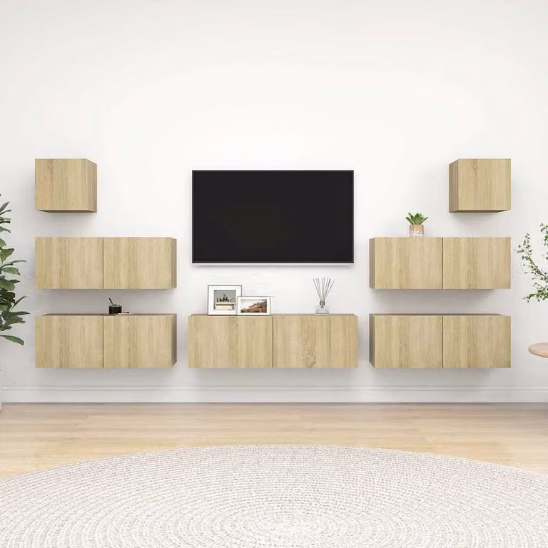 Set di mobili porta TV moderno vidaXL in legno multistrato e MDF, colore rovere sonoma marrone opaco, 7 pezzi