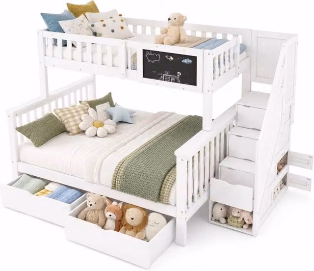 Letto a castello per bambini REDOM bianco con struttura a casetta, scala e cassetti