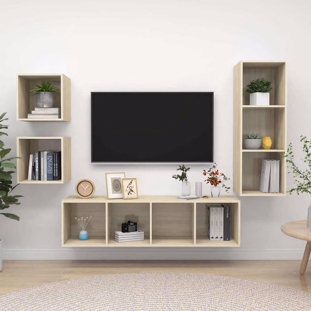 Set di mobili TV moderno vidaXL in legno MDF color rovere e beige, composto da 4 pezzi per il tuo soggiorno