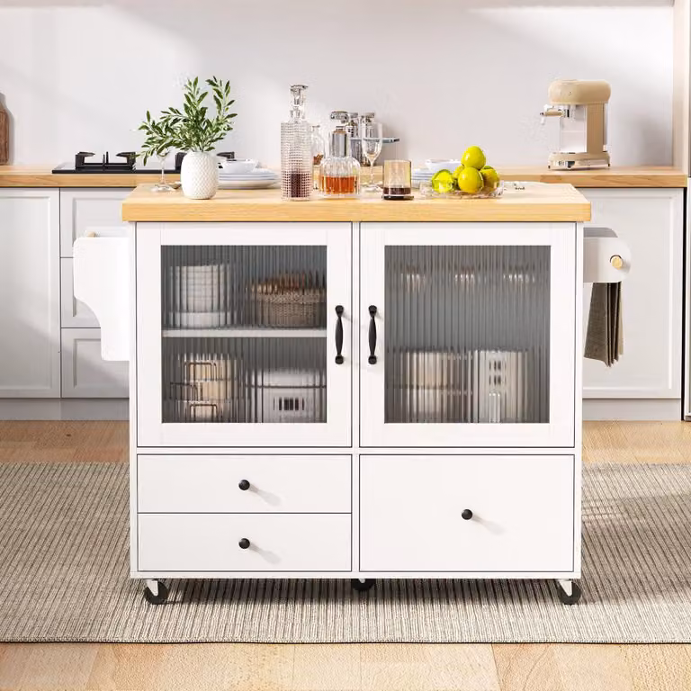 Modulo cucina mobile - Mobiletto cucina con ruote - Tavolo pieghevole - Armadietto contenitore - Porta stoviglie - Bianco