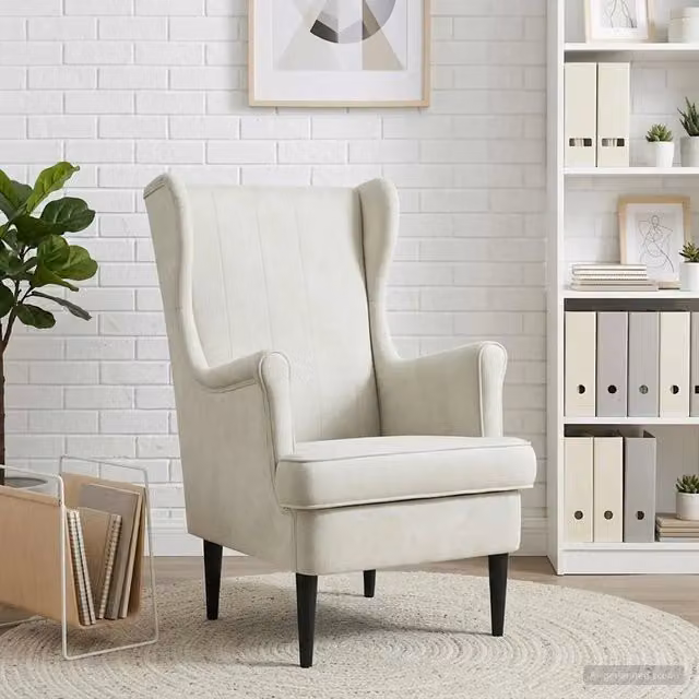 Poltrona moderna in velluto beige con braccioli e struttura in legno e metallo 538531 – 1