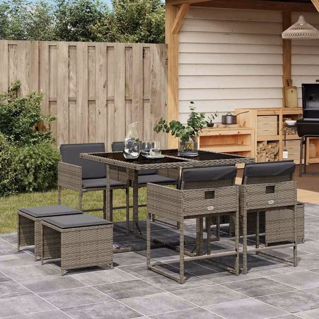 vidaXL Set da Pranzo da Giardino 9 pz in Polyrattan con Piano in Vetro e Cuscini Grigio e Nero – 1