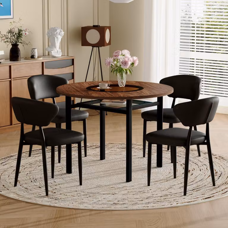 STILVORA Tavolo da pranzo rotondo da 100 cm con 4 sedie da pranzo inPoliuretanonero – intarsio in vetro, effetto legno, set da cucina moderno
