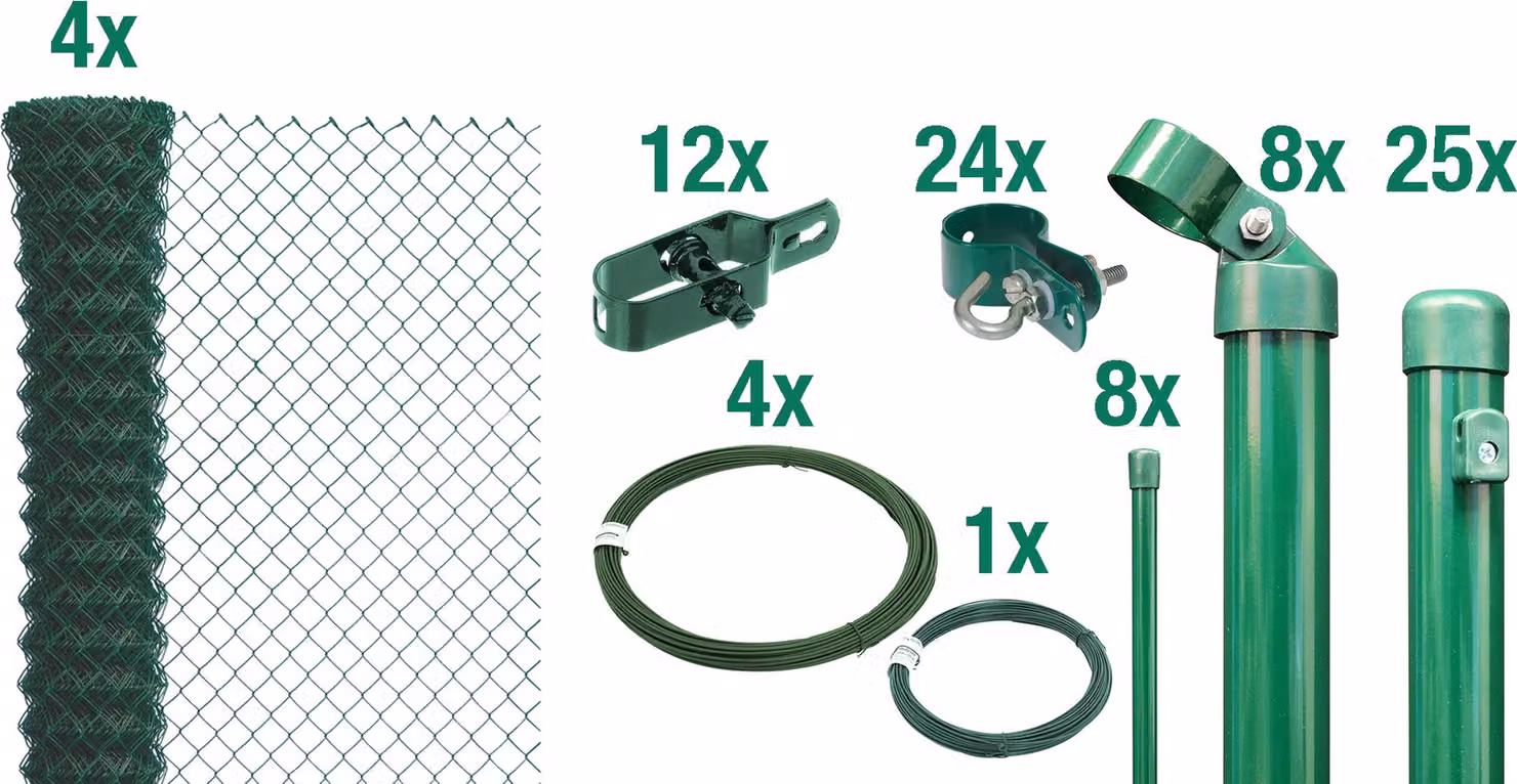 Alberts 634971 Recinzione in rete metallica come set completo di recinzione, da inserire nel calcestruzzo, verde, altezza 150 cm, lunghezza 60 m