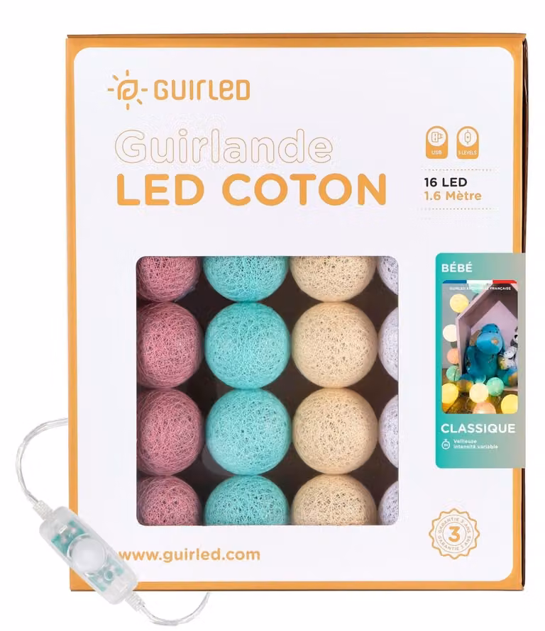 Catena luminosa con palline di cotone, alimentazione USB, 16 palline, dimmerabile, lunghezza 3,2 metri
