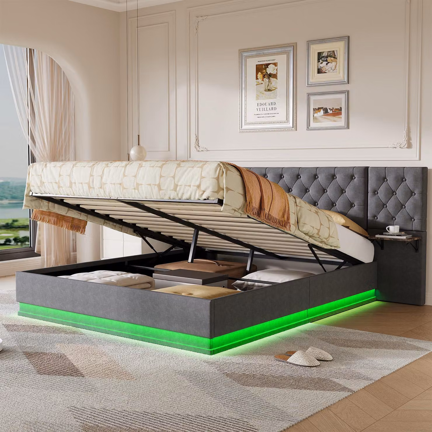 Letto imbottito REMZETTA, 140 x 200 cm, per adulti, con contenitore, rete a molle idraulica, luci LED RGB, porta USB-C, ricarica wireless e ripiani, colore grigio