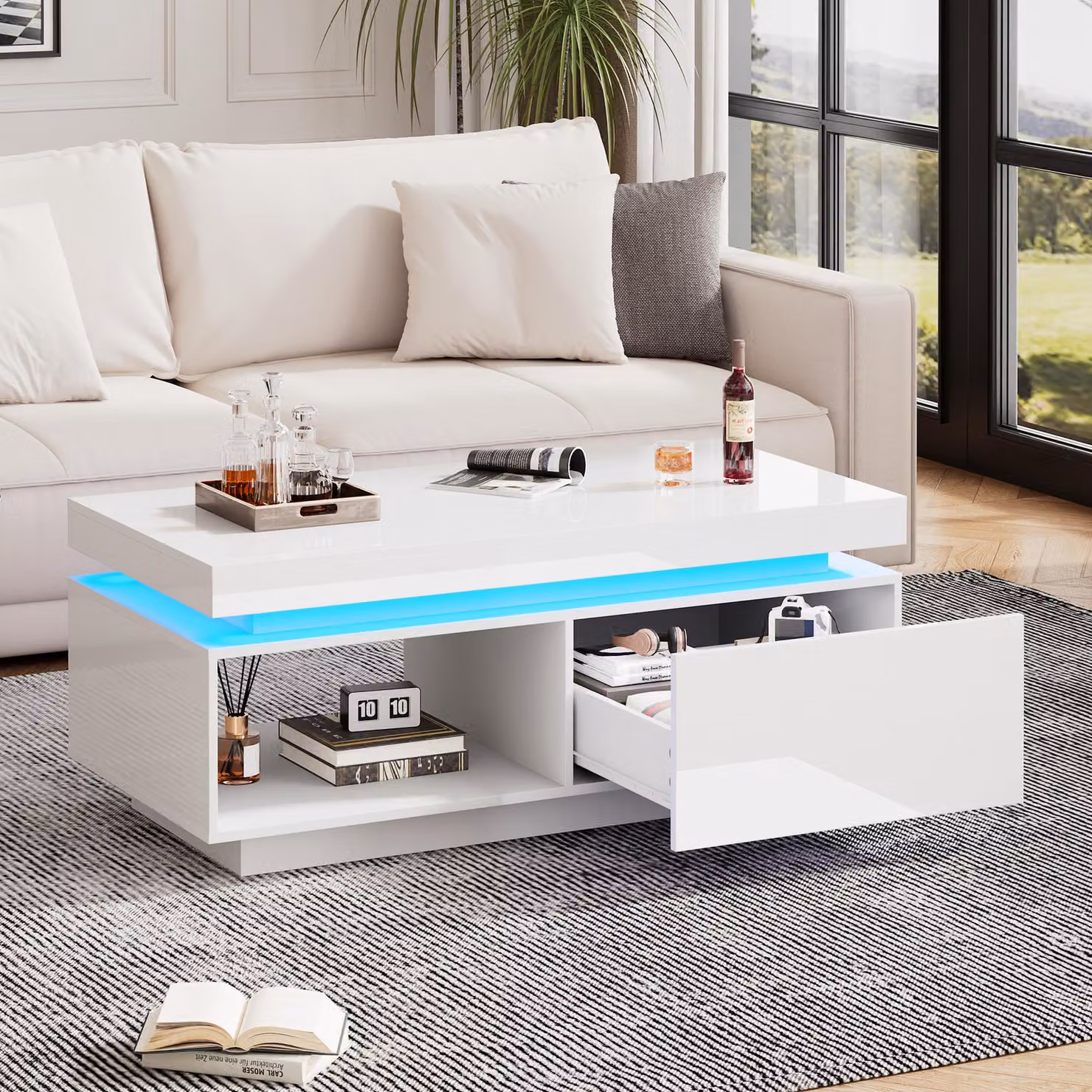 Tavolino da divano, dimensioni 100x50x40,3 cm, realizzato in pannello di particelle al 100%, colore bianco, con 1 cassetto, illuminazione LED e pannelli laccati lucidi