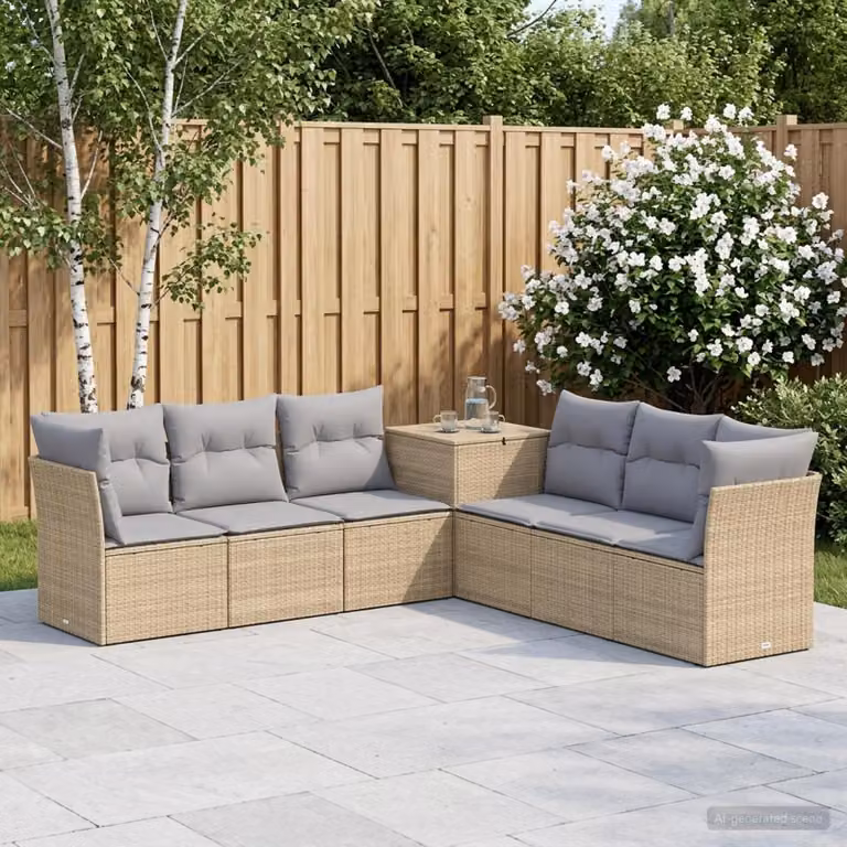 Set di divani da giardino vidaXL a forma di L composto da 7 pezzi in beige e grigio con struttura in metallo e cuscini inclusi