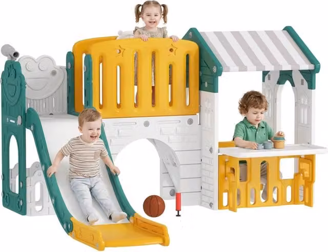 Casetta per Bambini con Scivolo e Tappeto ¨C Minimal ¨C Giallo e Verde
