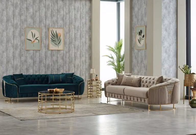 Sofagarnitur Sofas Couchen Polstersofa Dreisitzer Luxus Beige Grün Set
