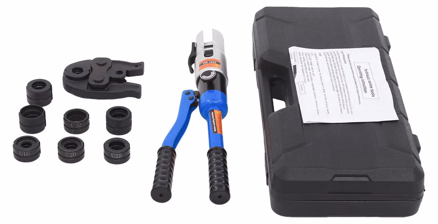 Pressa idraulica manuale per tubi - Attrezzo per pressare tubi, 10 tonnellate - 8 ganasce di pressatura - 16–32 mm - Profilo a U e a T - Valigetta porta attrezzi