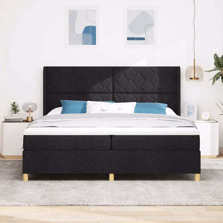 Letto a molle con testiera vidaXL in tessuto nero e dettagli oro, L/P/H: 200 x 200 x 128 cm