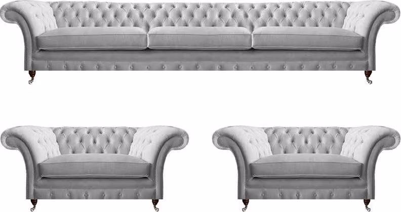Weiße Chesterfield Textilgarnitur Polstercouchen Wohnzimmer Sessel 3tlg