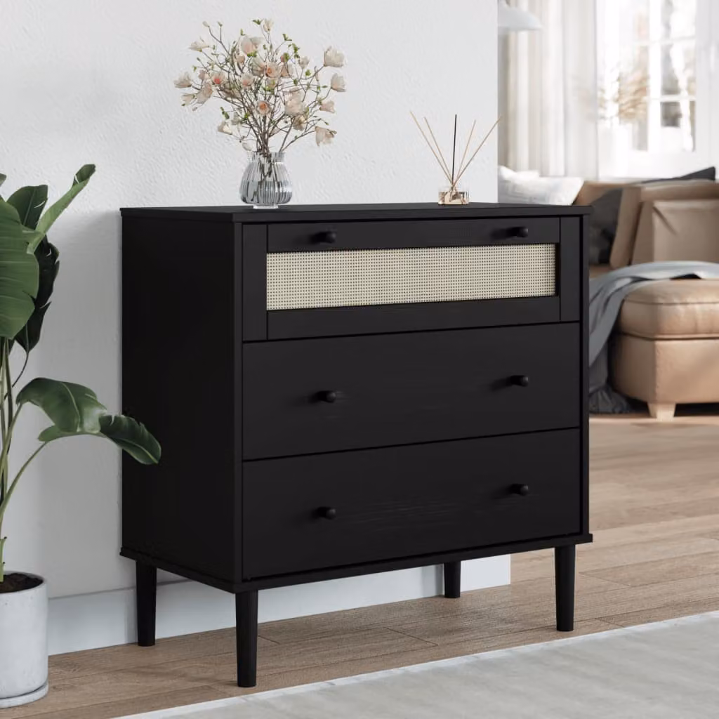 Cassettiera vidaXL SENJA in legno di pino con aspetto rattan, colore nero, L 80 cm x P 40 cm x H 80 cm