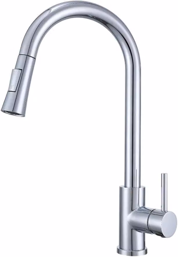 Rubinetto da cucina VBChome Acciaio inossidabile cromato con bocca estraibile, girevole a 360°, con pulsante per selezionare i tipi di getto – rubinetto moderno per lavello