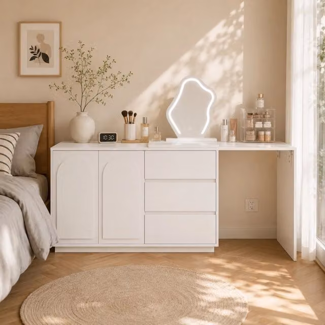 Tavolo da Trucco con Cassettiera, Specchio LED 3 Colori, Piano Estraibile, 3 Cassetti e 2 Vani, 140x75x40 cm, Bianco