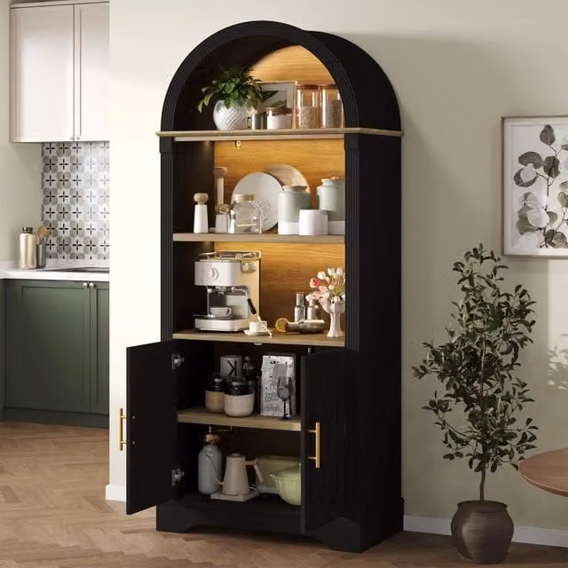 Credenza con LED e ripiano regolabile in MDF nero con 3 vani aperti per cucina e soggiorno 76;2 × 40;1 × 180 cm