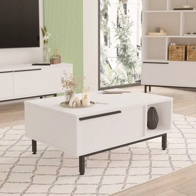 Tavolino da salotto moderno en.casa con scomparti aperti e chiusi, colore bianco, L/P/H: 90 x 60 x 37,5 cm