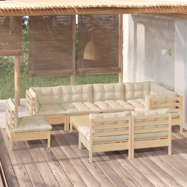Set di Divani da Giardino vidaXL 9 pz in Legno di Pino Massello con Cuscini Beige a Forma di L