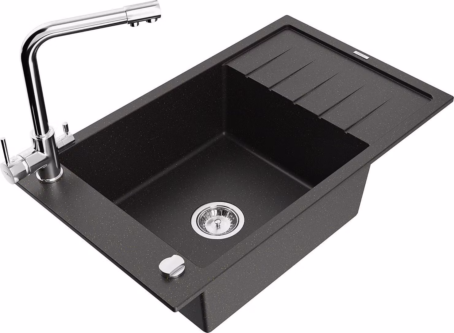 Mexen Elias lavello in granito a 1 vasca con scolapiatti e rubinetto da cucina Duero, nero/oro metallizzato - 6511-75-671600-00