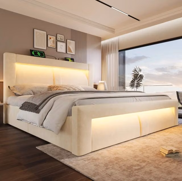 Letto matrimoniale ULEVR 160x200 cm con materasso, contenitore idraulico, LED, USB e Type-C, velluto beige