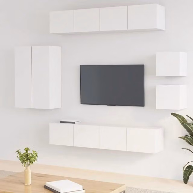 Set di 8 mobili porta TV vidaXL in legno multistrato bianco per soggiorno in stile minimalista con montaggio a parete