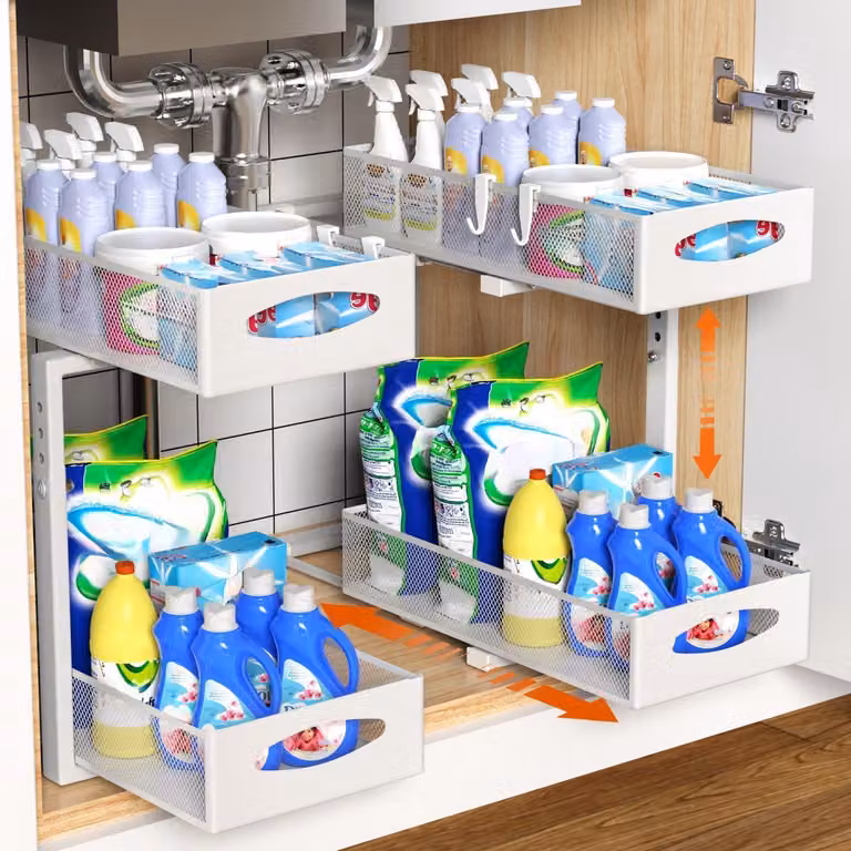 Organizzatore estraibile per lavello, 2 ripiani, metallo, da posizionare sotto il lavandino, colore bianco, confezione da 2 pezzi, larghezza 22 cm